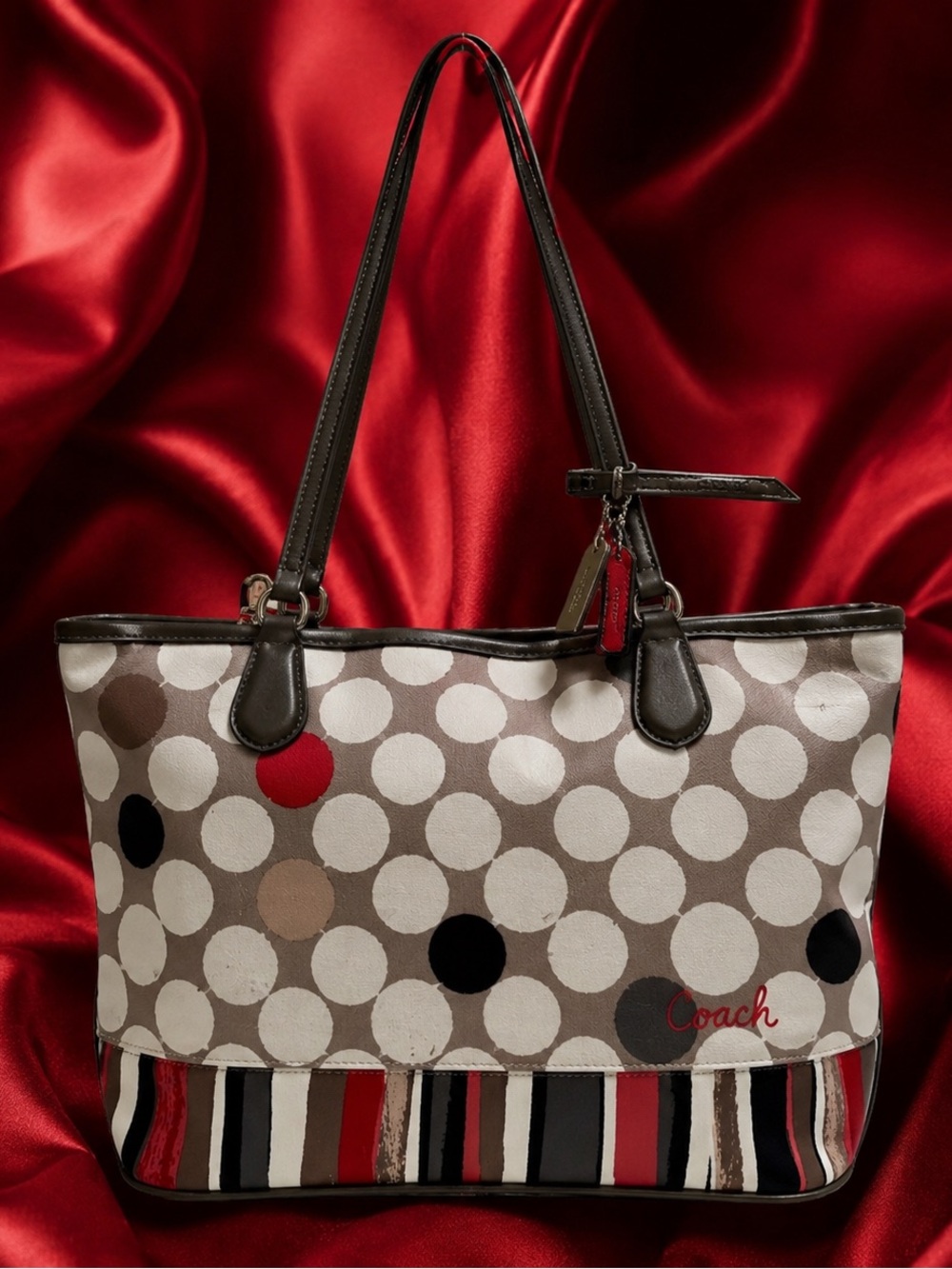 Coach Poppy EUC watercolor Polka dot print with a striped border - Picture 4 of 13